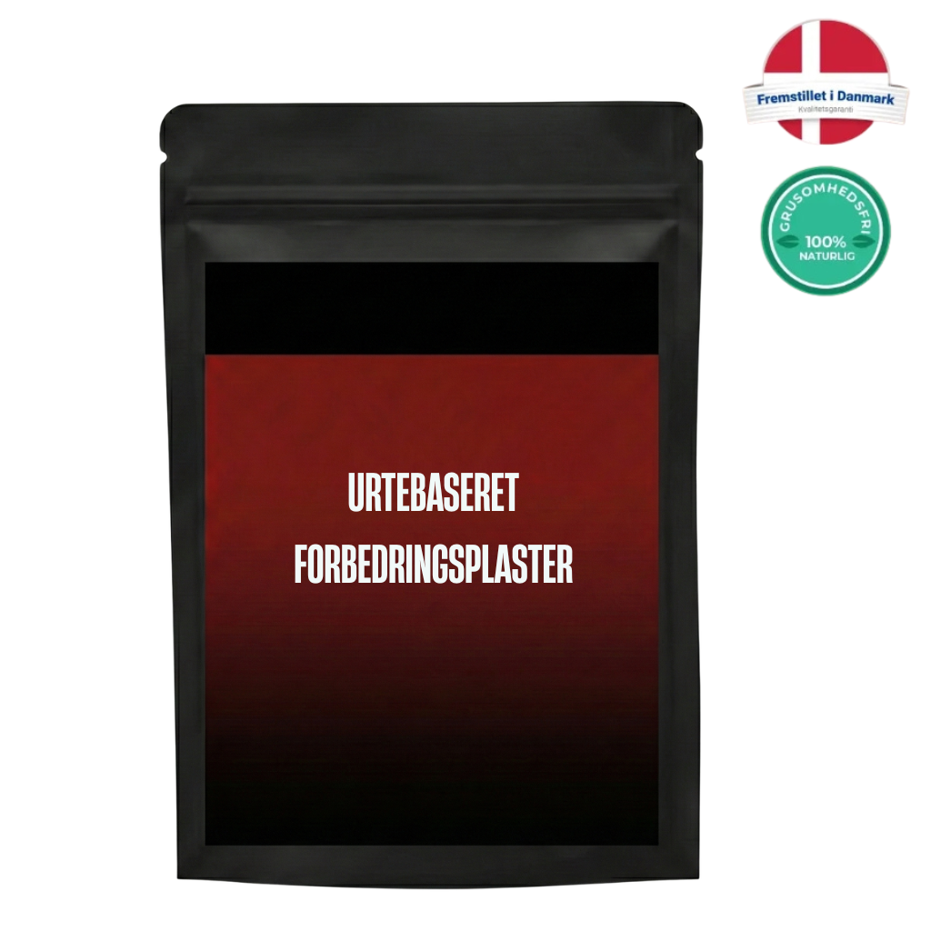Urtebaseret forbedringsplaster emballage med dansk flag og naturlig certificering.