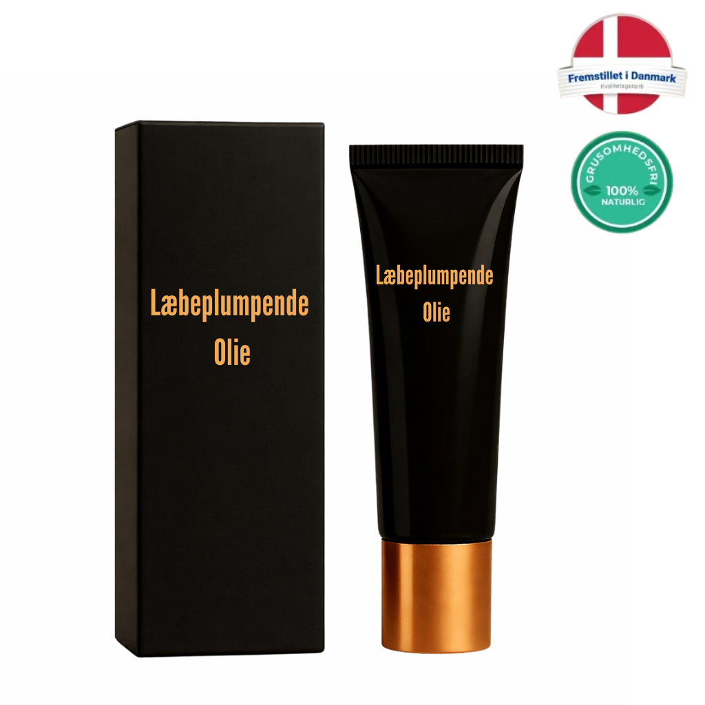 Volumizing lip oil in a stylish black tube packaging with golden text and a black box.
