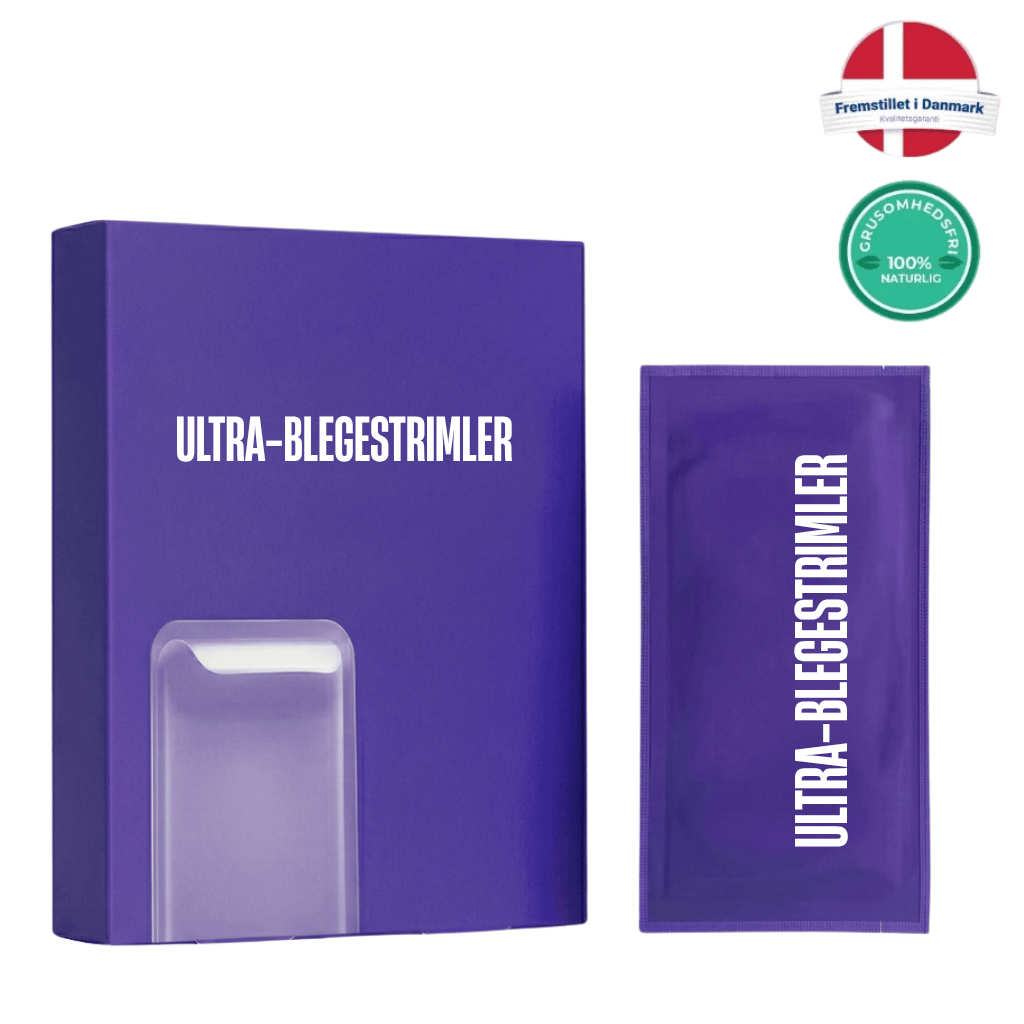 Ultra-blegestrimler produktpakke med strips til lysere smil og daglig mundpleje.