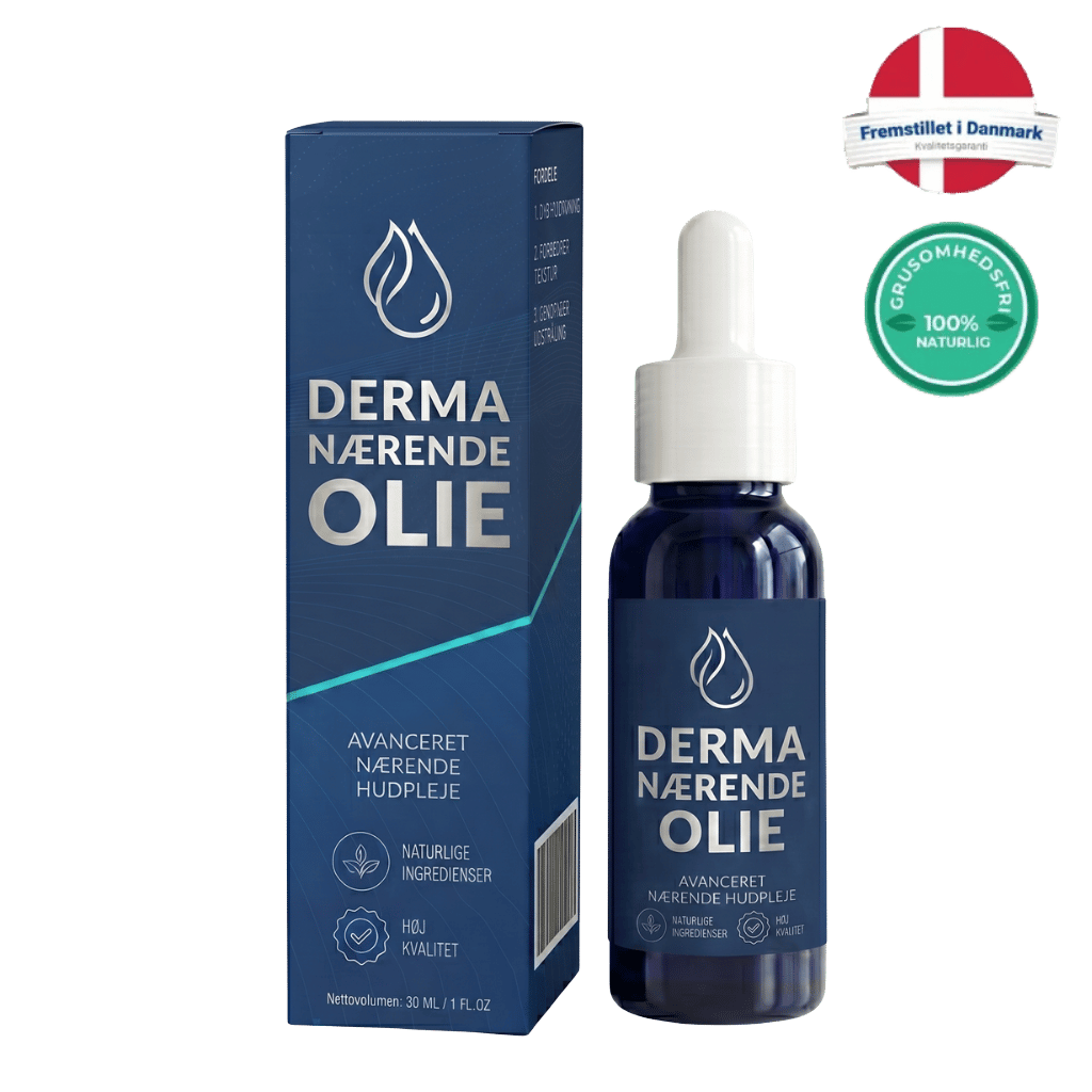 Derma Nærende Olie i flaske med pipette og emballage, perfekt til daglig hudpleje.