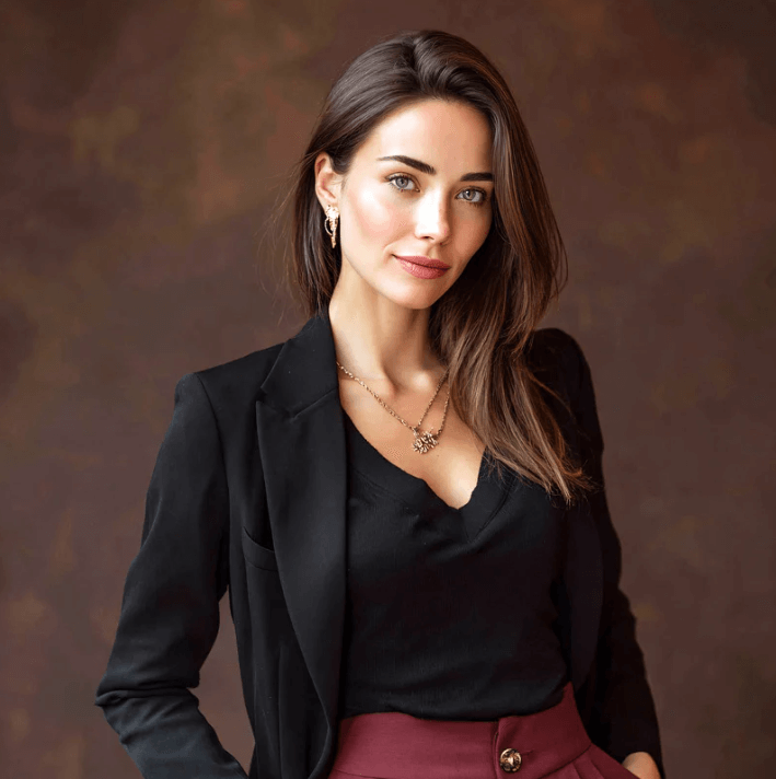 Portrait of a woman in a black blazer, showcasing confidence and elegance with a sophisticated hairstyle.