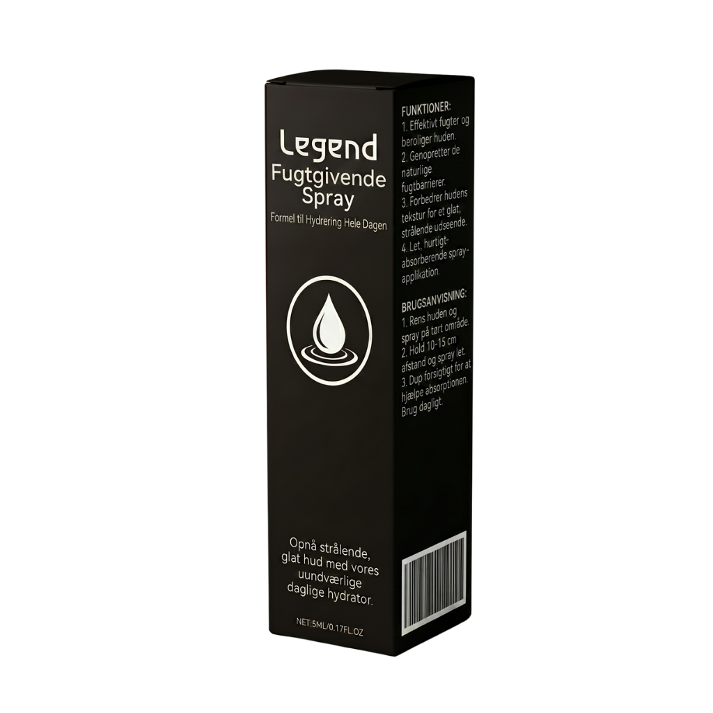 Legend Fugtgivende Spray emballage med dråbe og beskrivelser af fugtgivende hudpleje.