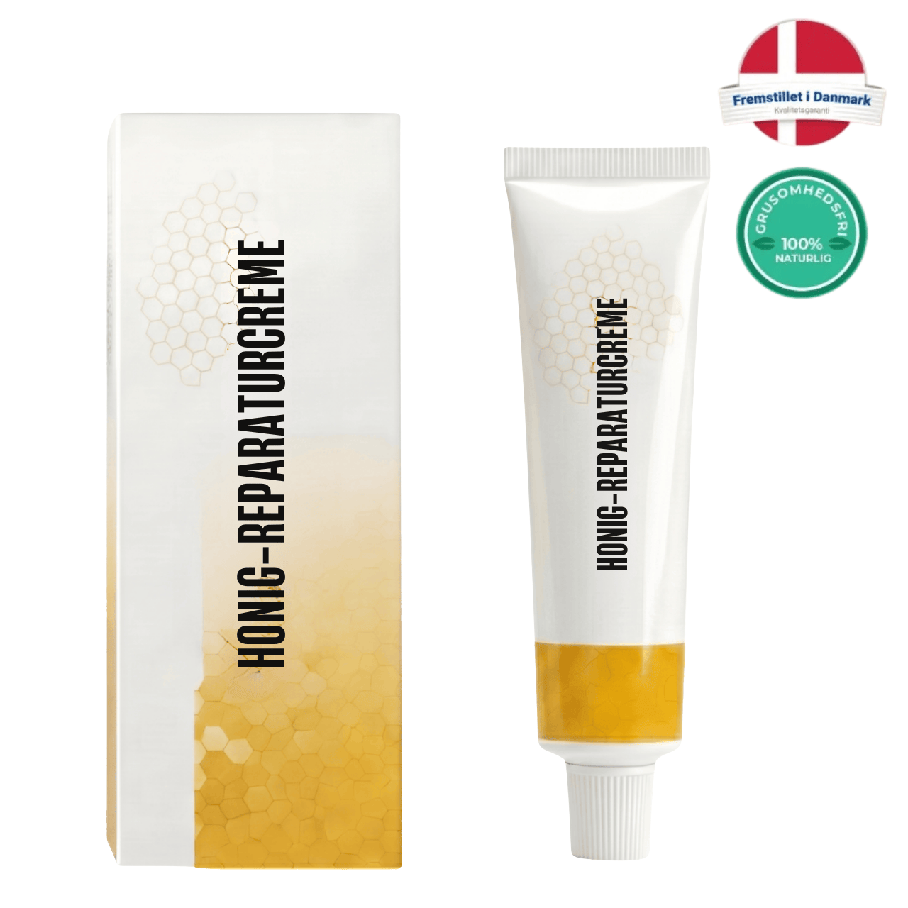 Honning-reparationscreme tube and box, designed for daily skincare to enhance smoothness and radiance.