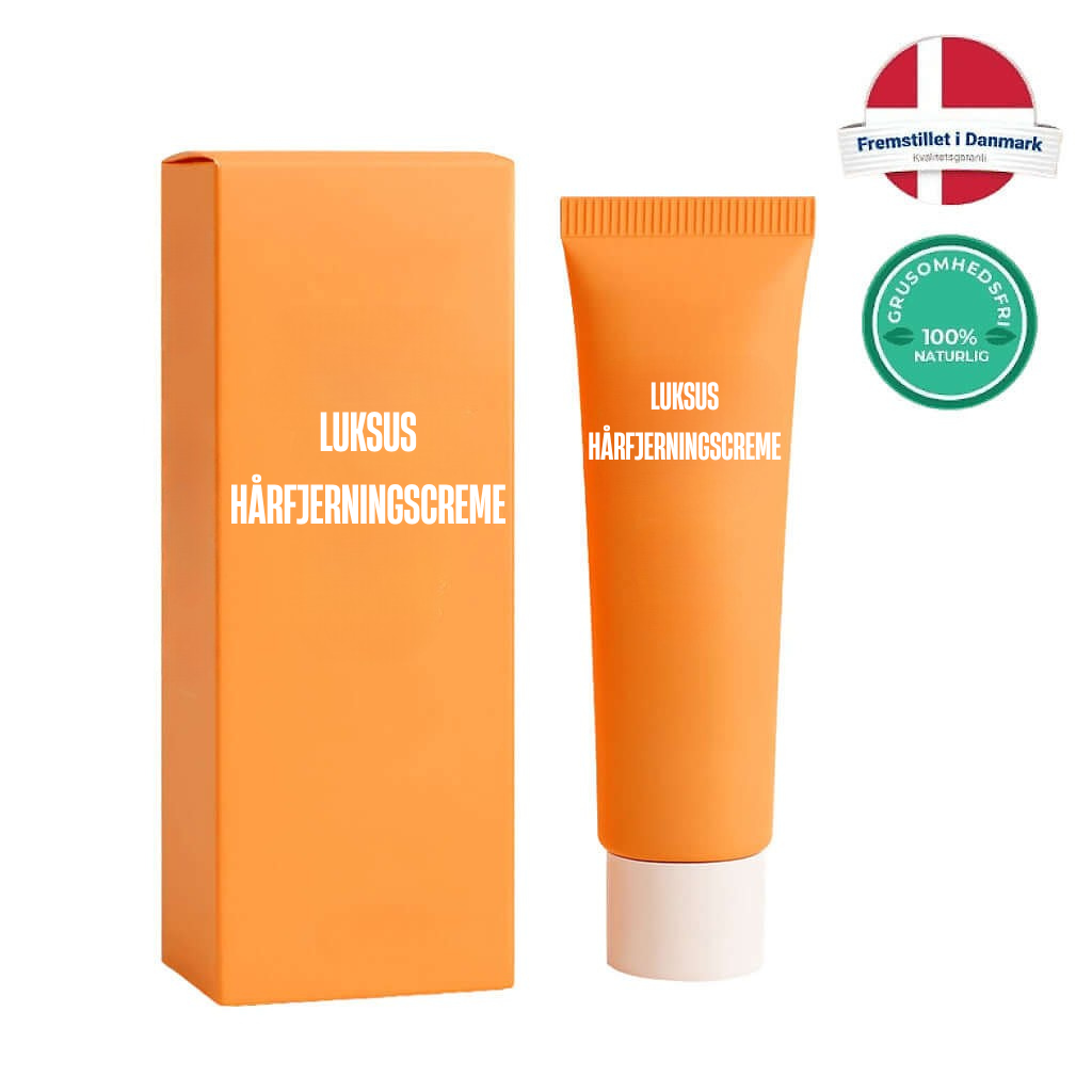 Luksus Hårfjerningscreme produktbillede med orange emballage og tube, skånsom hårfjerning.