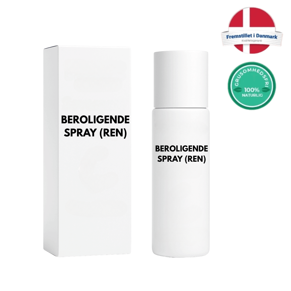 Beroligende spray (ren) produktflaske og emballage, ideel til afslapning og søvn.