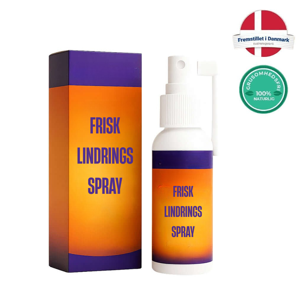 Frisk Lindringsspray in a spray bottle and box, showcasing a refreshing skin treatment for smooth and hydrated skin.