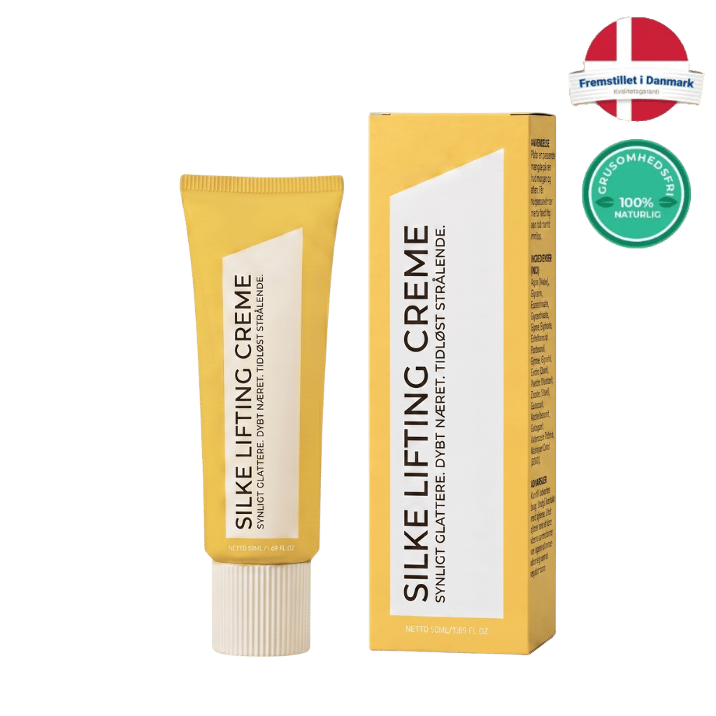Silke Lifting Creme tube and packaging showing natural ingredients and lifting benefits, designed for daily skincare routines.