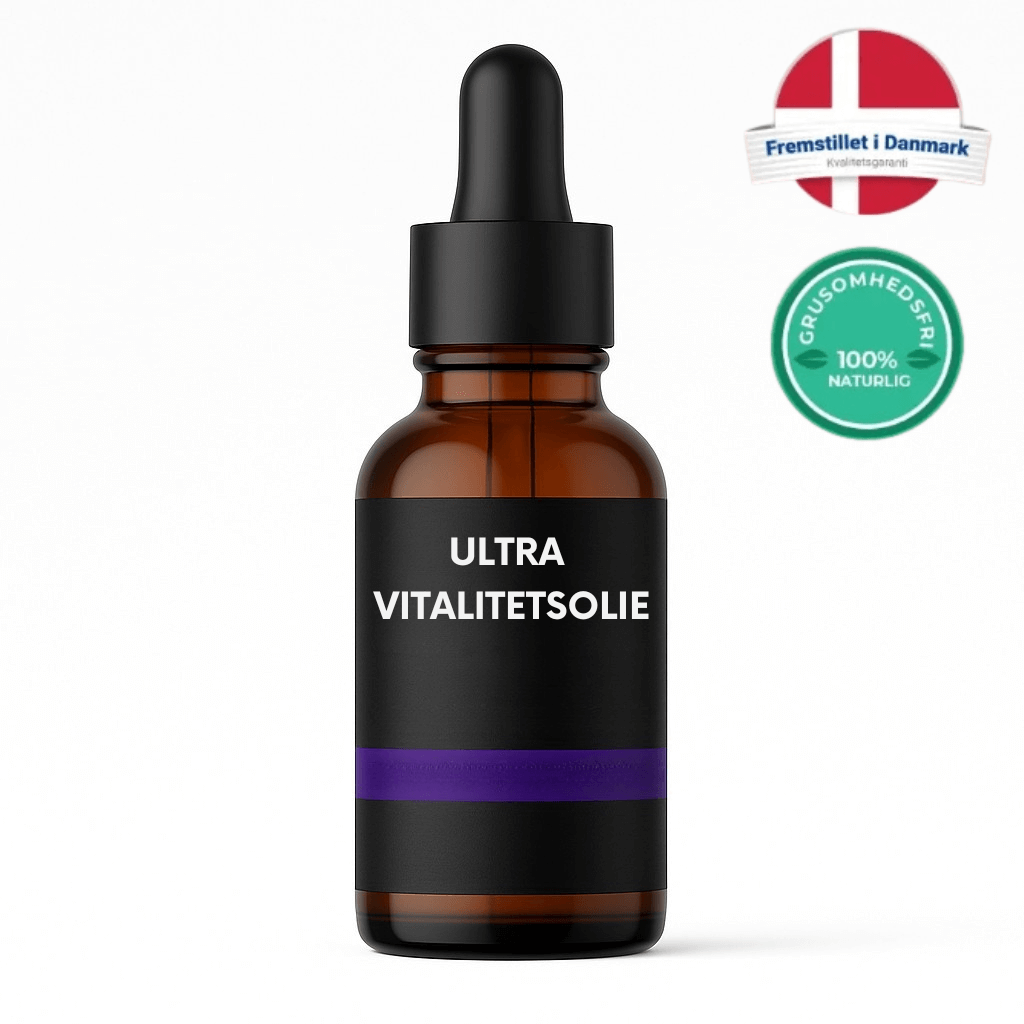 Flaske med Ultra vitalitetsolie, en silkeblød skønhedsolie, fremhæver hudens naturlige udseende.