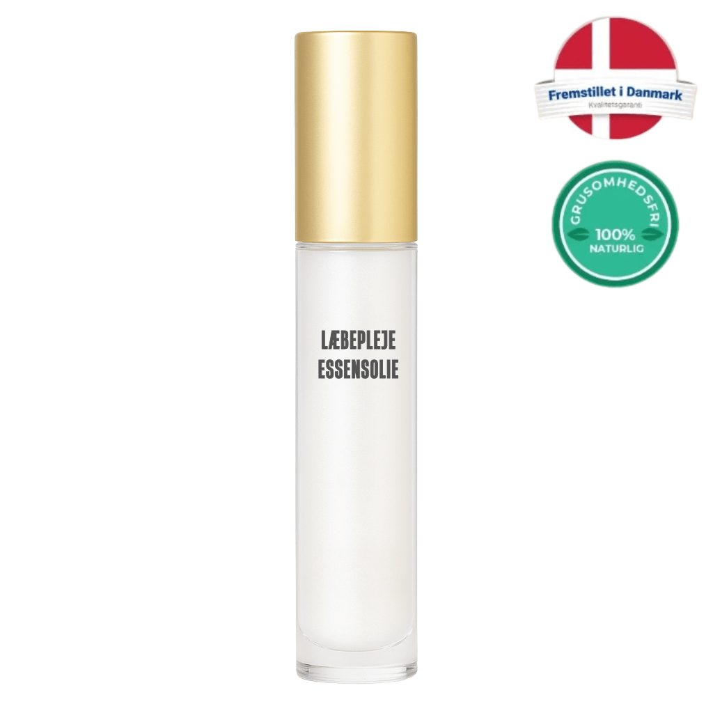 Læbepleje-essensolie i elegant flaske med guld låg, et naturligt produkt til bløde læber.