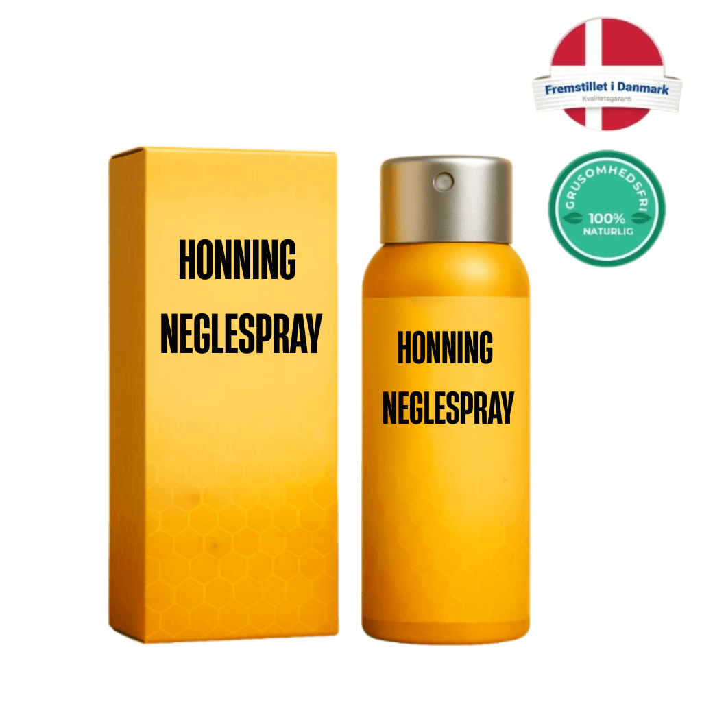 Honning Neglespray produkt i guldflaske og æske, perfekt til daglig hudpleje og ensartet finish.