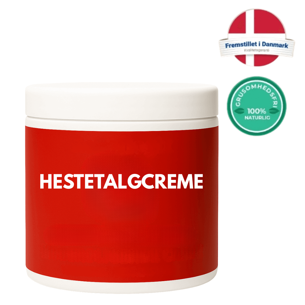 Hestetalgcreme i en rød beholder med logoer for naturlige ingredienser og dansk produktion.