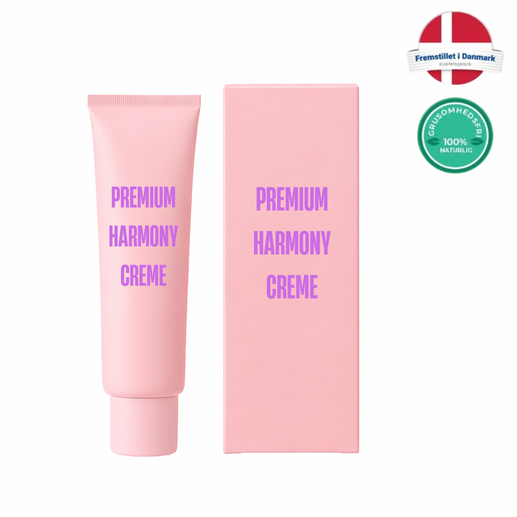 Premium Harmony Creme tube and box, showcasing its gentle skincare benefits in a vibrant pink packaging.