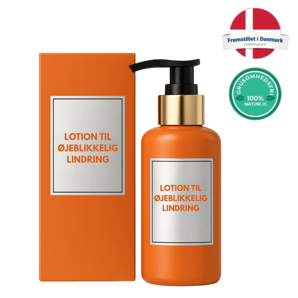 Premium trøstende olie med pumpeflaske og orange emballage, der tilbyder øjeblikkelig lindring.