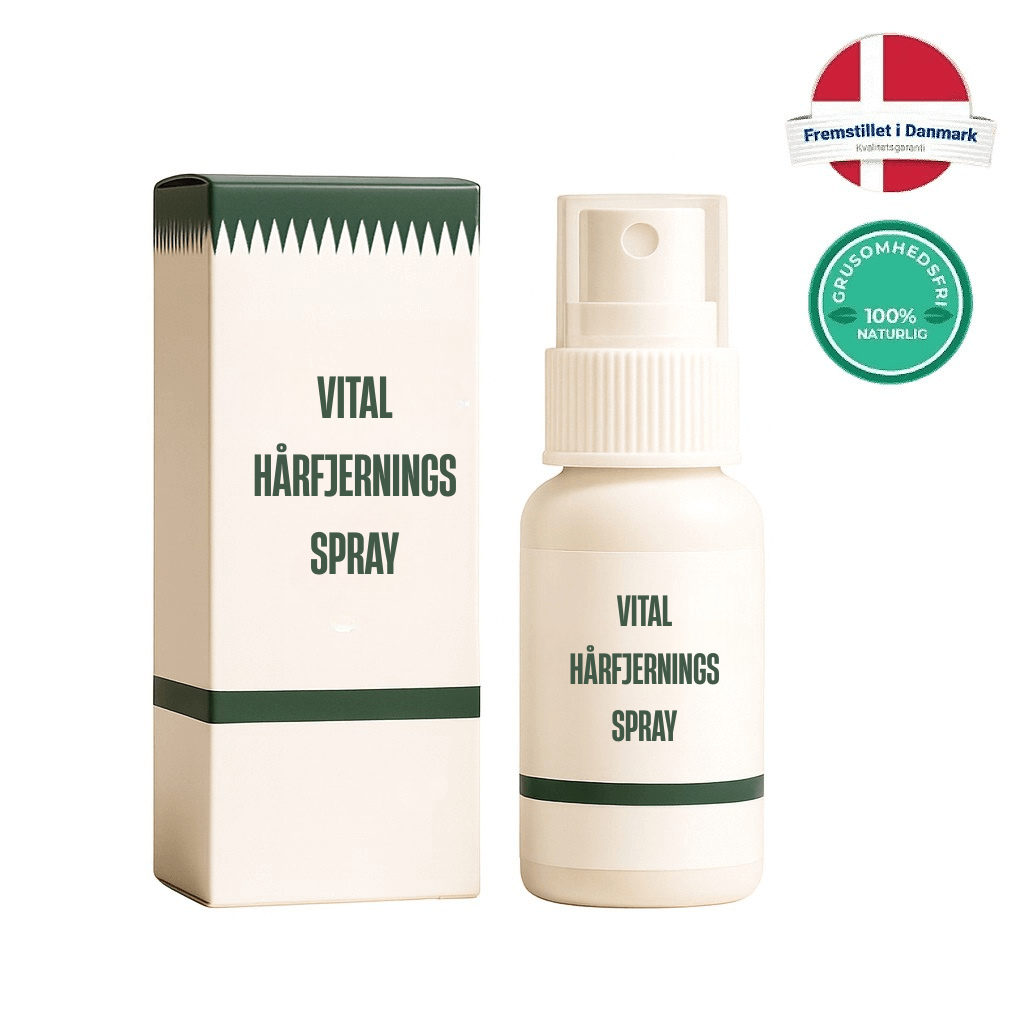 Vital Hårfjerningsspray produkt med emballage, der fremhæver dets naturlige og danske oprindelse.
