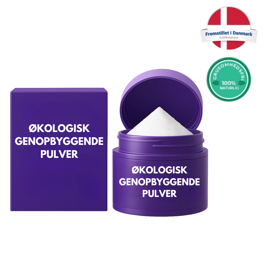 Økologisk Genopbyggende Pulver i lilla beholder med låg, perfekt til daglig hudpleje.