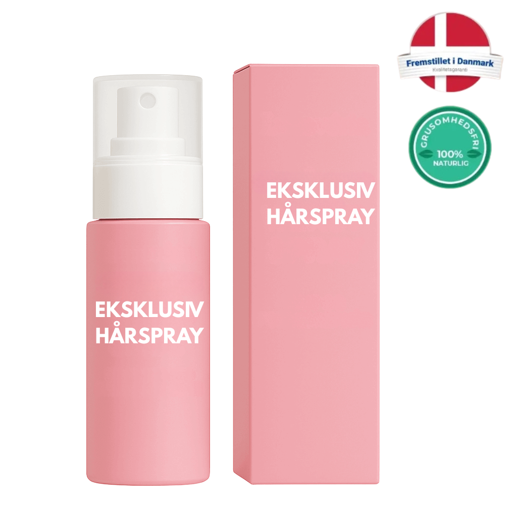 Eksklusiv hårspray produktbillede med pink flaske og emballage, der fremhæver glans og stylingmuligheder.