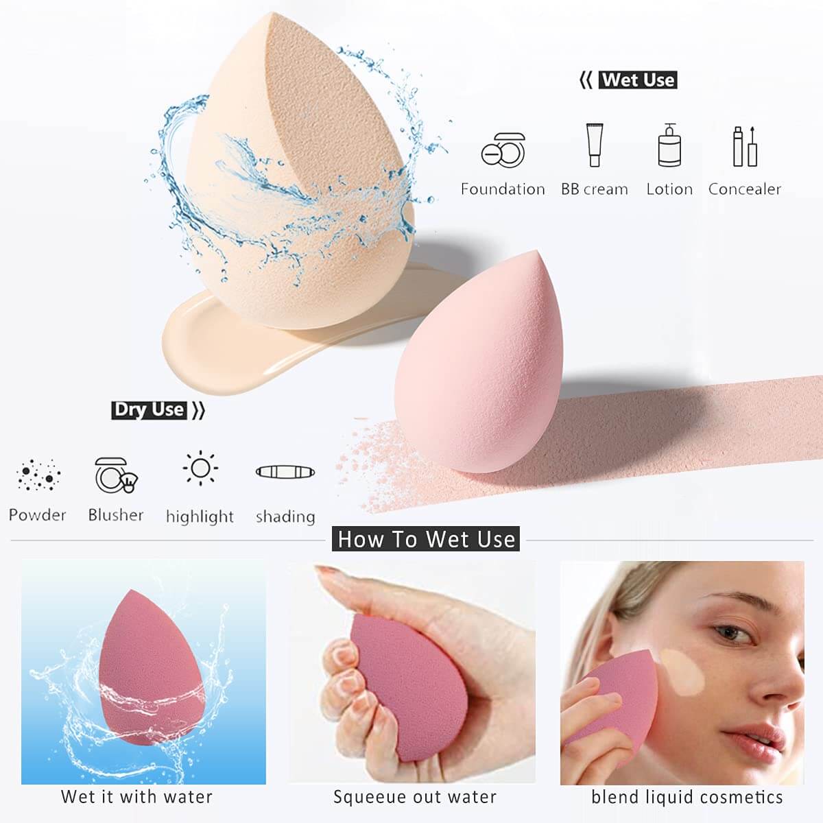 Skönhed – Makeup Svampesæt (4 stk.) med instruktioner til tør og våd anvendelse af makeupsvampe.