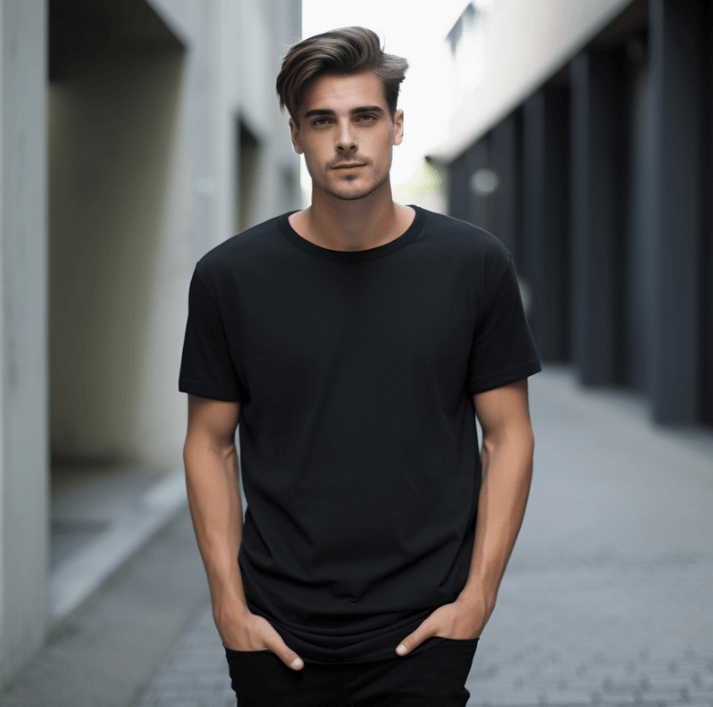 Ung mand iført sort t-shirt står på en moderne gade, der udstråler stil og selvsikkerhed.