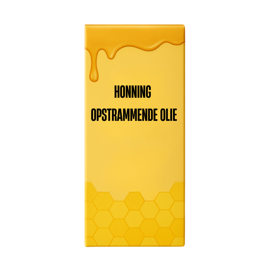 Honning Opstrammende Olie emballage med honningdråber og honningkube design.