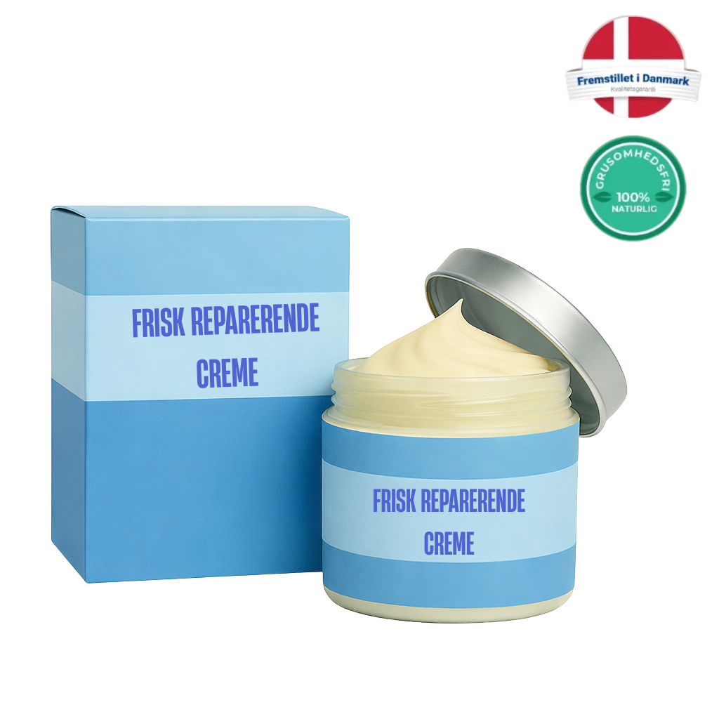Frisk Reparerende Creme i en glasbeholder med låg og papkasse, plantebaseret hudplejeprodukt.