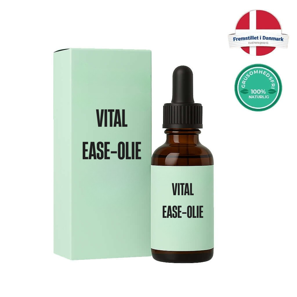 Vital Ease-olie produktflaske med emballage, planteekstrakter til daglig mundpleje.