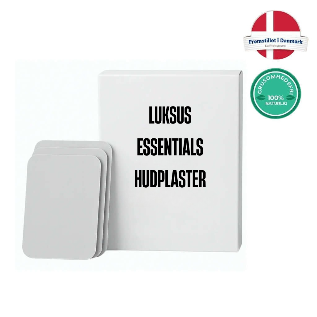 Luksus Essentials Hudplaster packaging with grey skin patches, promoting a smoother and more radiant complexion.