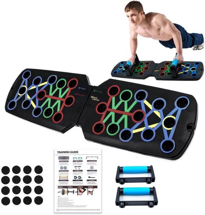 Man using SKÖNHED PressSync push-up board for upper body training with color-coded system.