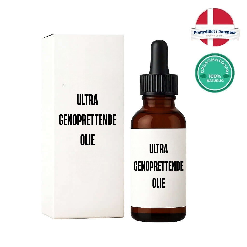 Ultra Genoprettende Olie i glasflaske med pipette og emballage, perfekt til daglig hudpleje.