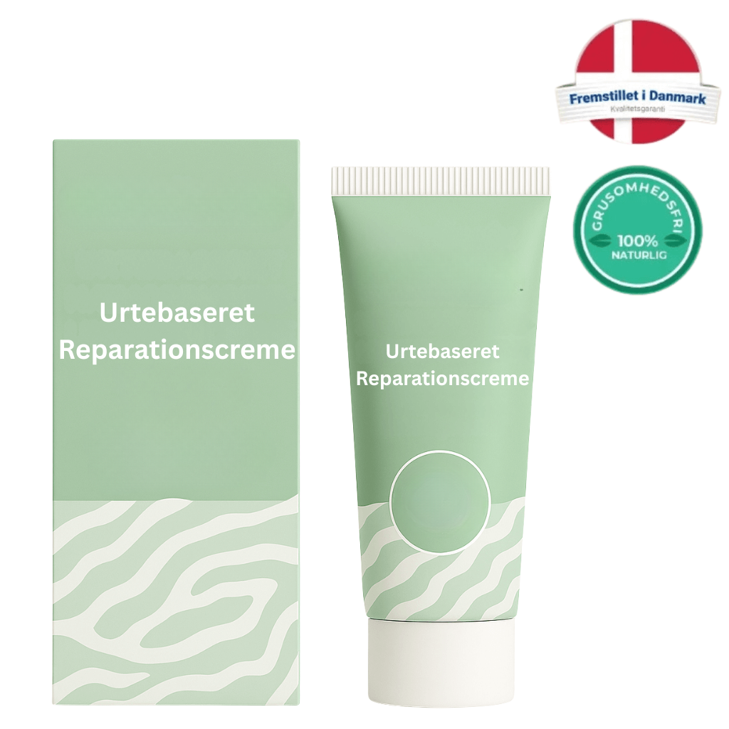 Urtebaseret Reparationscreme tube and box showing natural skincare benefits and certifications.
