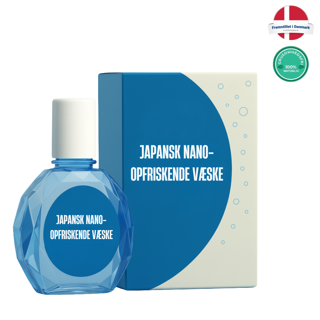 Japansk nano-opfriskende væske i en klar flaske med emballage, der viser den lette skønhedsvæske.