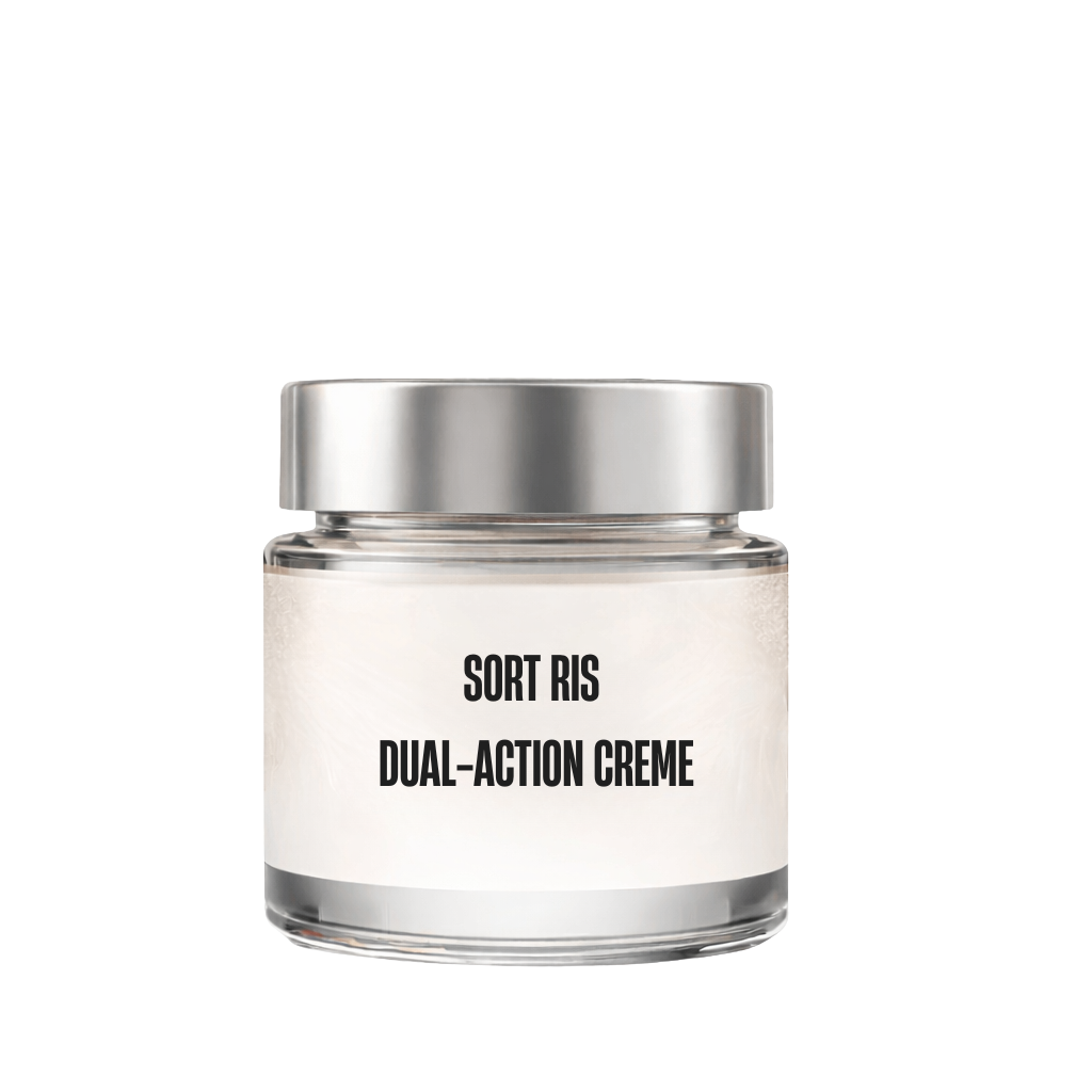Sort ris dual-action creme in glass jar, designed for smooth and radiant skin care.