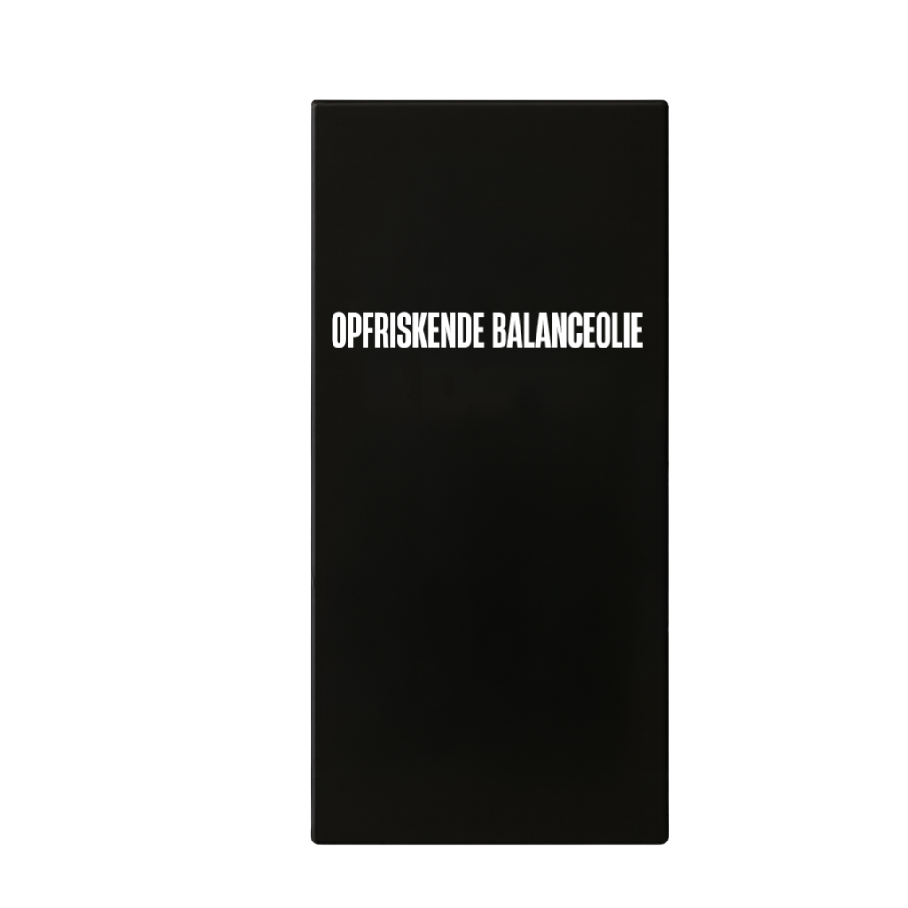 Opfriskende balanceolie produktpakke med enkel sort design.