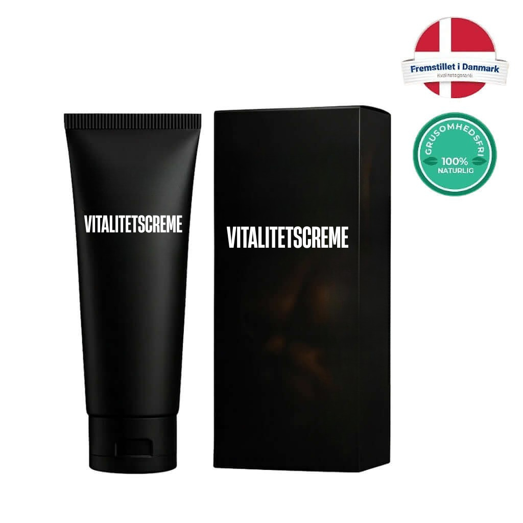 Vitalitetscreme tube and box showcasing natural ingredients and Danish quality for skincare.