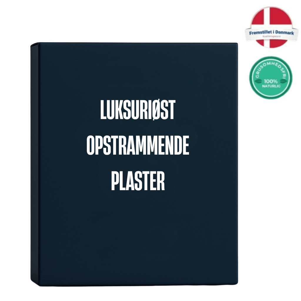 Luksuriøst Opstrammende Plaster emballage med naturlige ingredienser og dansk kvalitet.