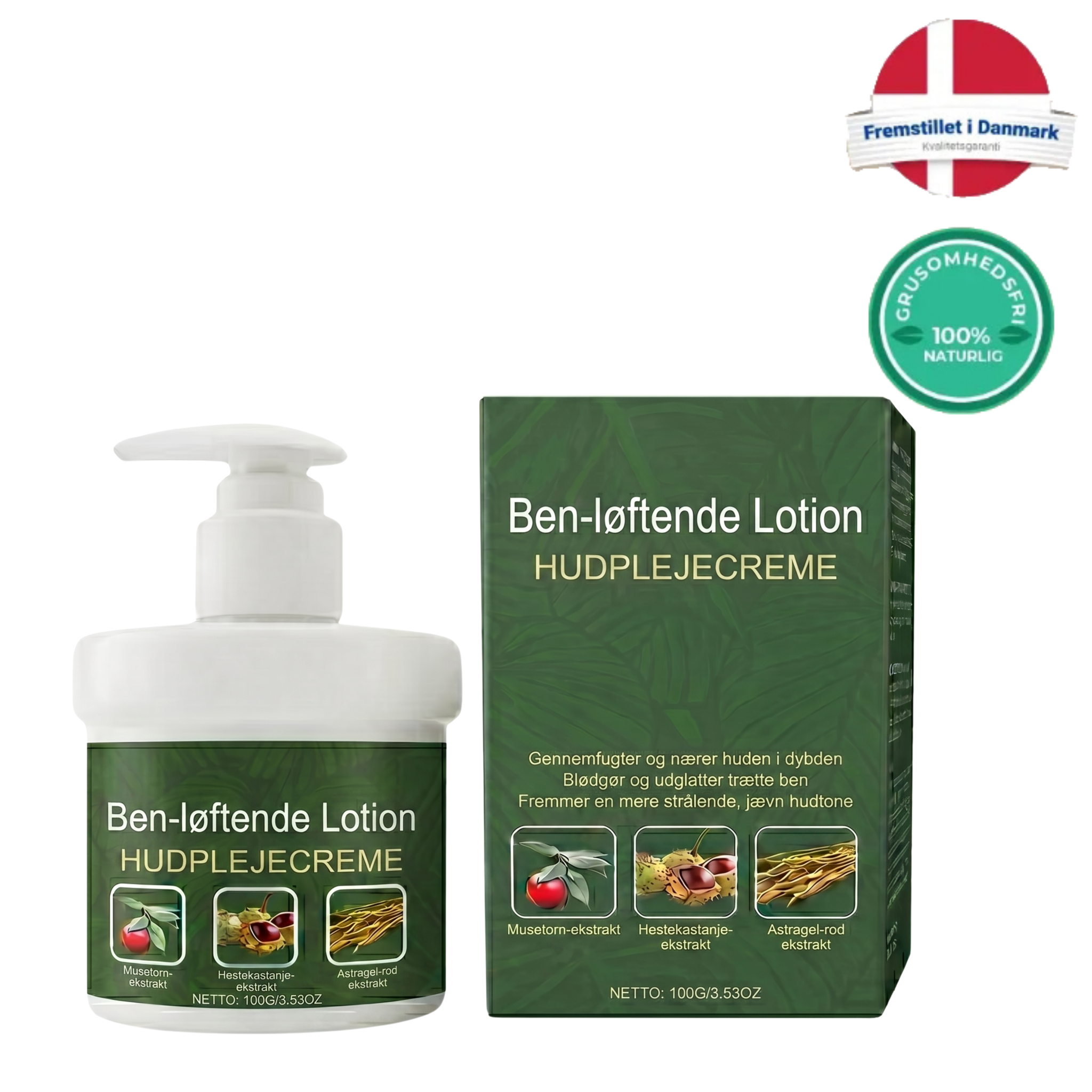 Ben-løftende Lotion i en flot emballage, fremhæver hudplejeegenskaberne og naturlige ingredienser.