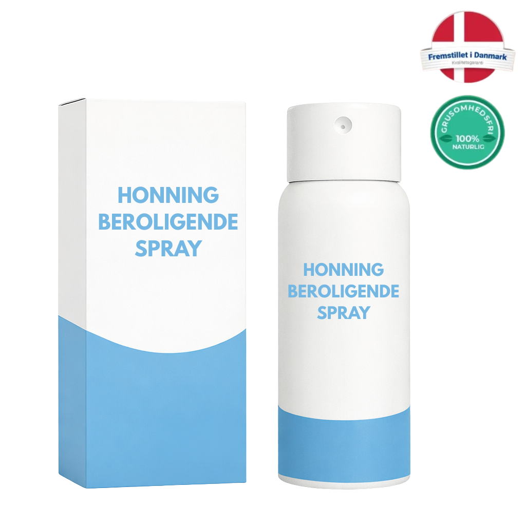Honning Beroligende Spray produktbillede med emballage og flaske, der fremhæver den beroligende hudmist.