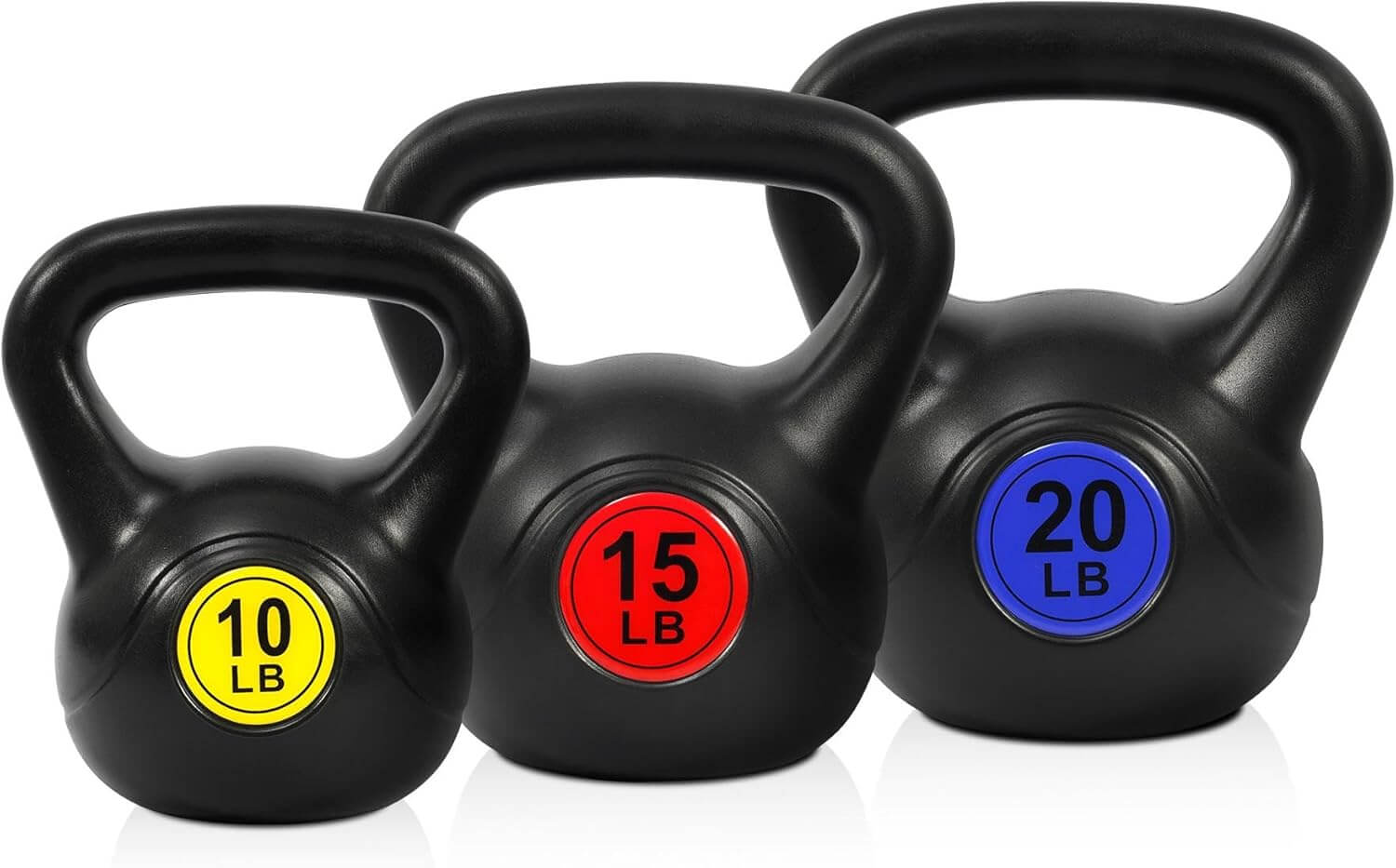 SKÖNHED PowerBell kettlebells in three different weights: 10 lb, 15 lb, and 20 lb for versatile strength training.