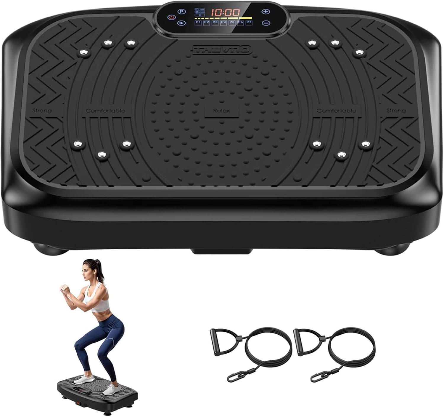 SKÖNHED VibraLuxe platform with remote control and resistance bands for full-body wellness training.