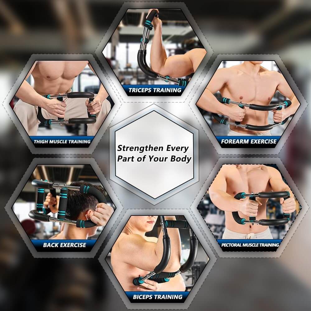 SKÖNHED CoreFlex overview showcasing exercises: triceps, forearm, thigh, back, biceps, and pectoral training.