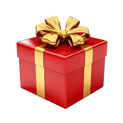 🎁 Gratis Gave 🎁 - Rødt gaveæske med gyldent bånd og sløjfe.