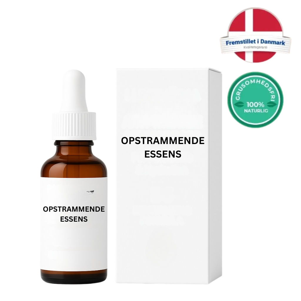 Opstrammende Essens hudplejeserum i brune glasflaske med hvid emballage, fremhæver hudens naturlige skønhed.