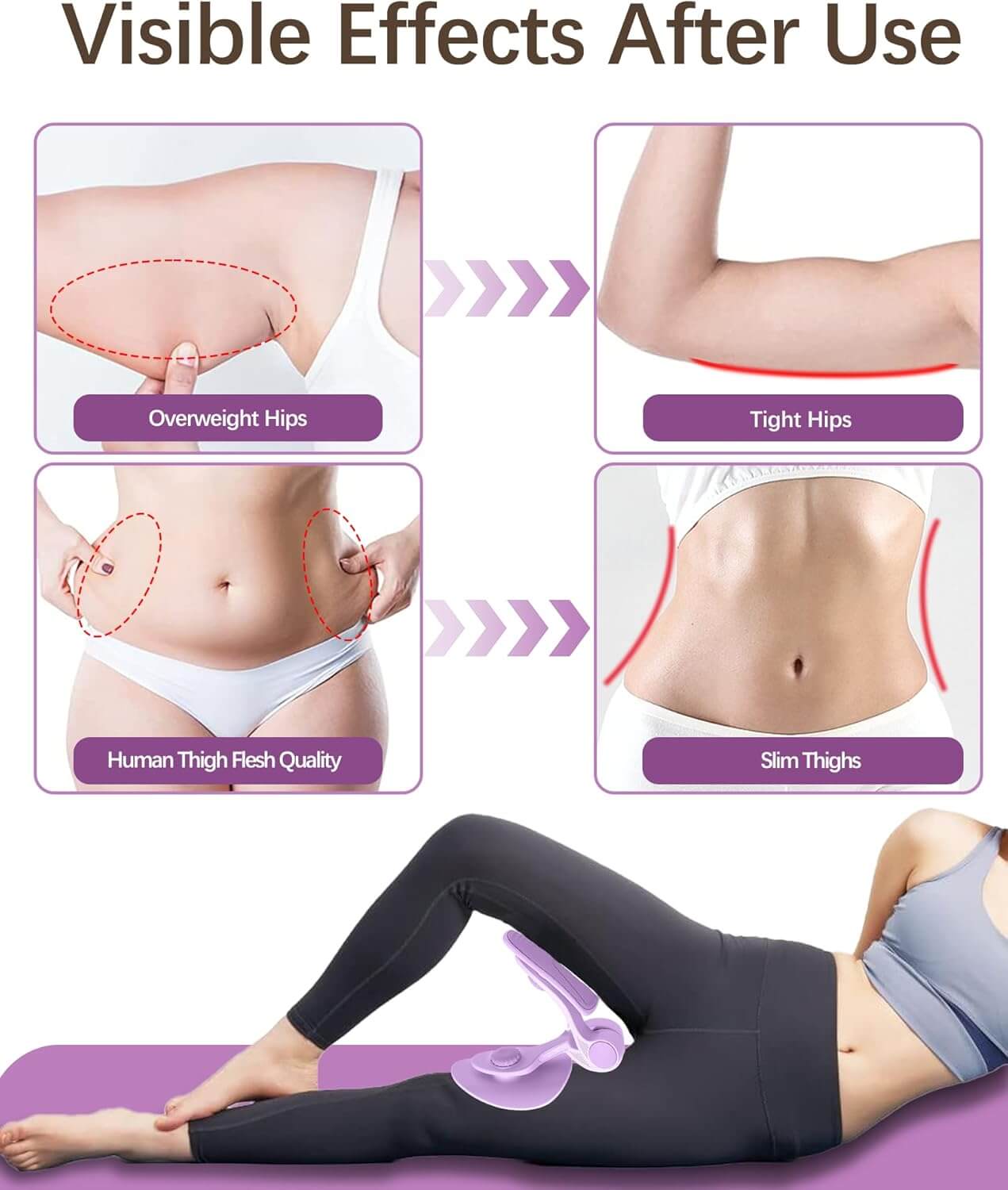 Visible effects of SKÖNHED ThighTone use showing overweight hips, tight hips, and slim thighs.