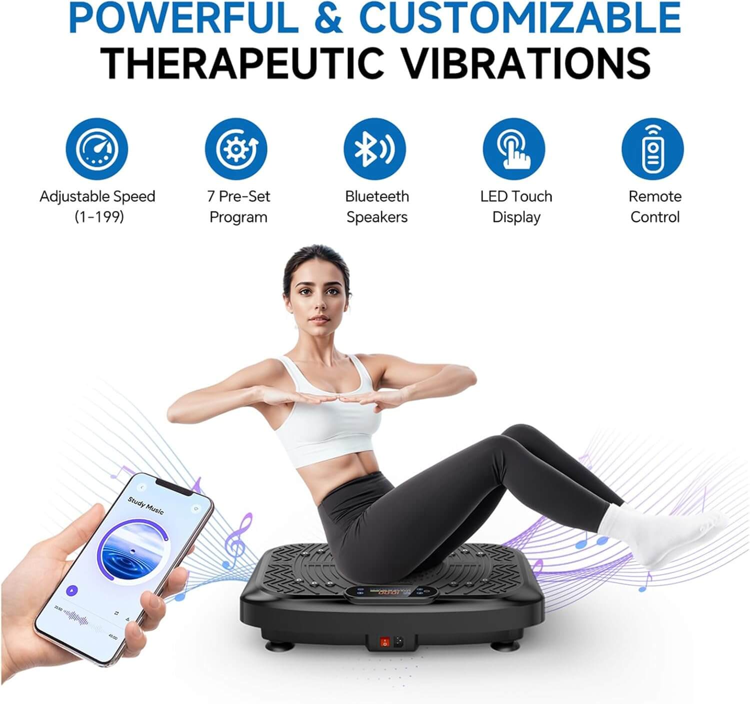Person using SKÖNHED VibraLuxe on a vibrations platform with remote control and smartphone.