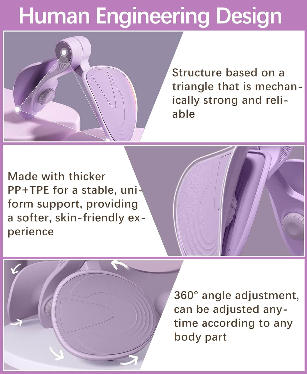 Human engineering design features of SKÖNHED ThighTone showcasing stability and adjustable components.