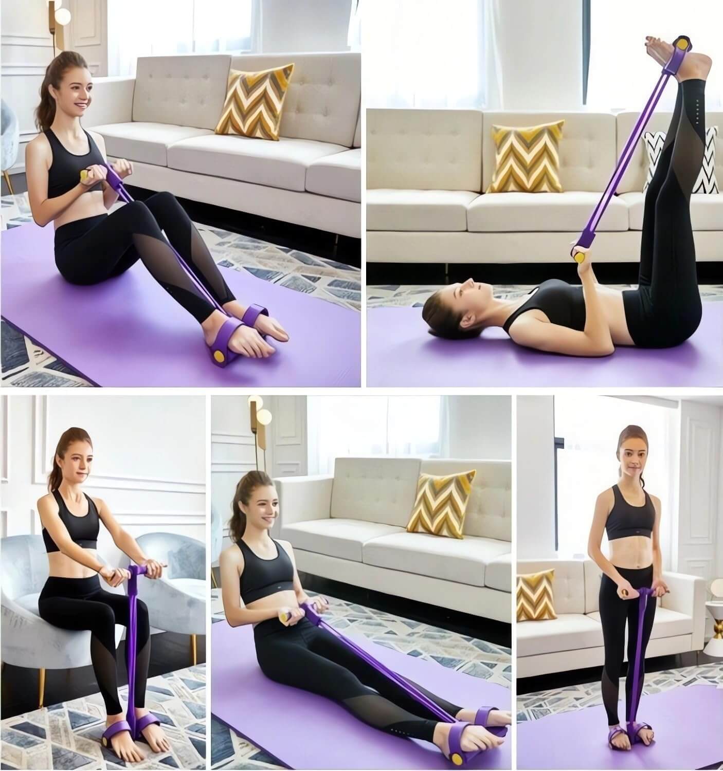 Kvinde træner med SKÖNHED FlexBand™ sæt til kropstoning og styrketræning på yoga måtte.
