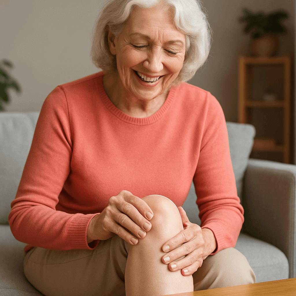 Elderly woman smiling while applying SKÖNHED Beroligende creme on her knee for comfort and relief.