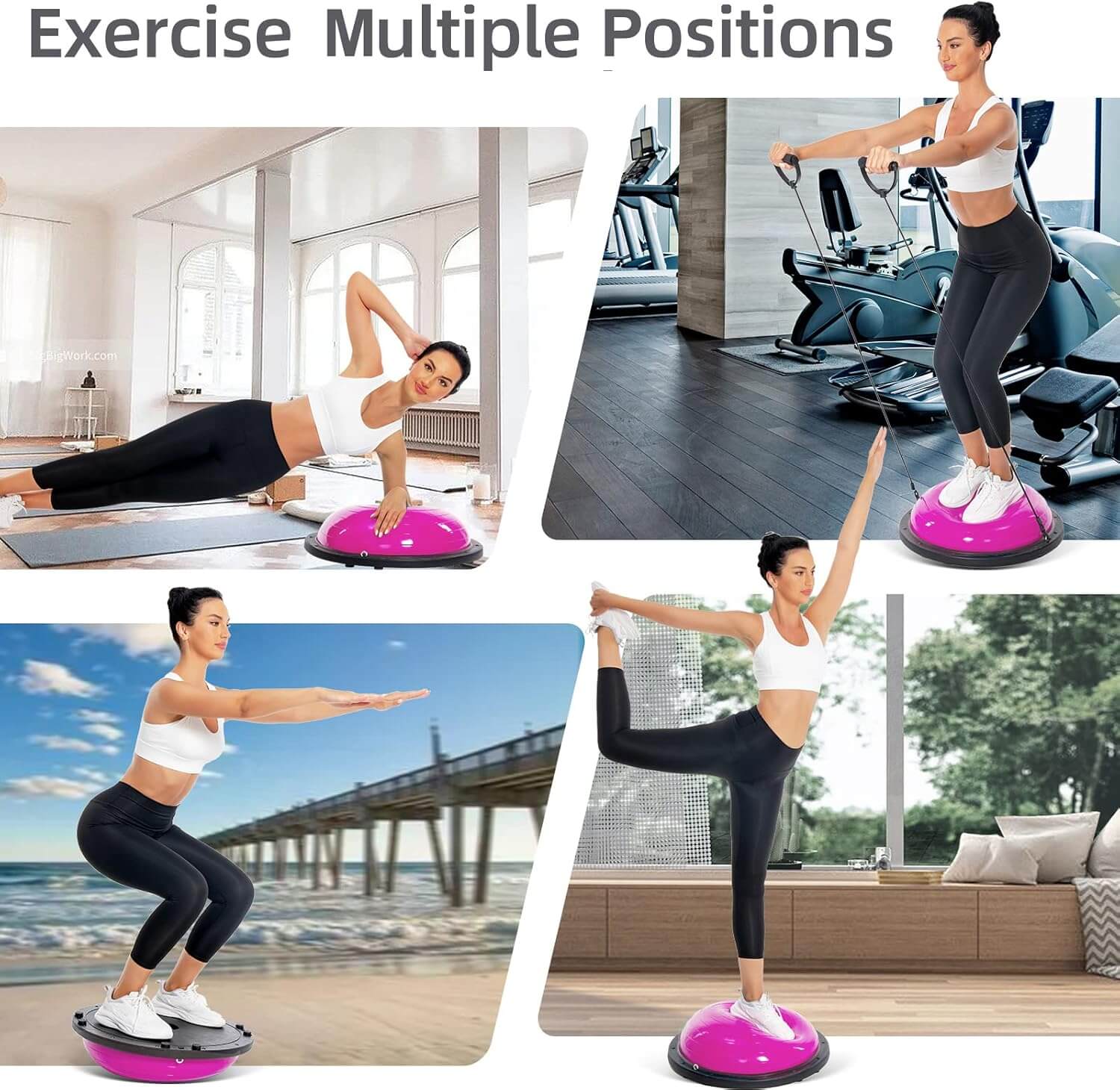 A woman exercising on a balance trainer in multiple positions, demonstrating fitness routines with the SKÖNHED AlignEase.