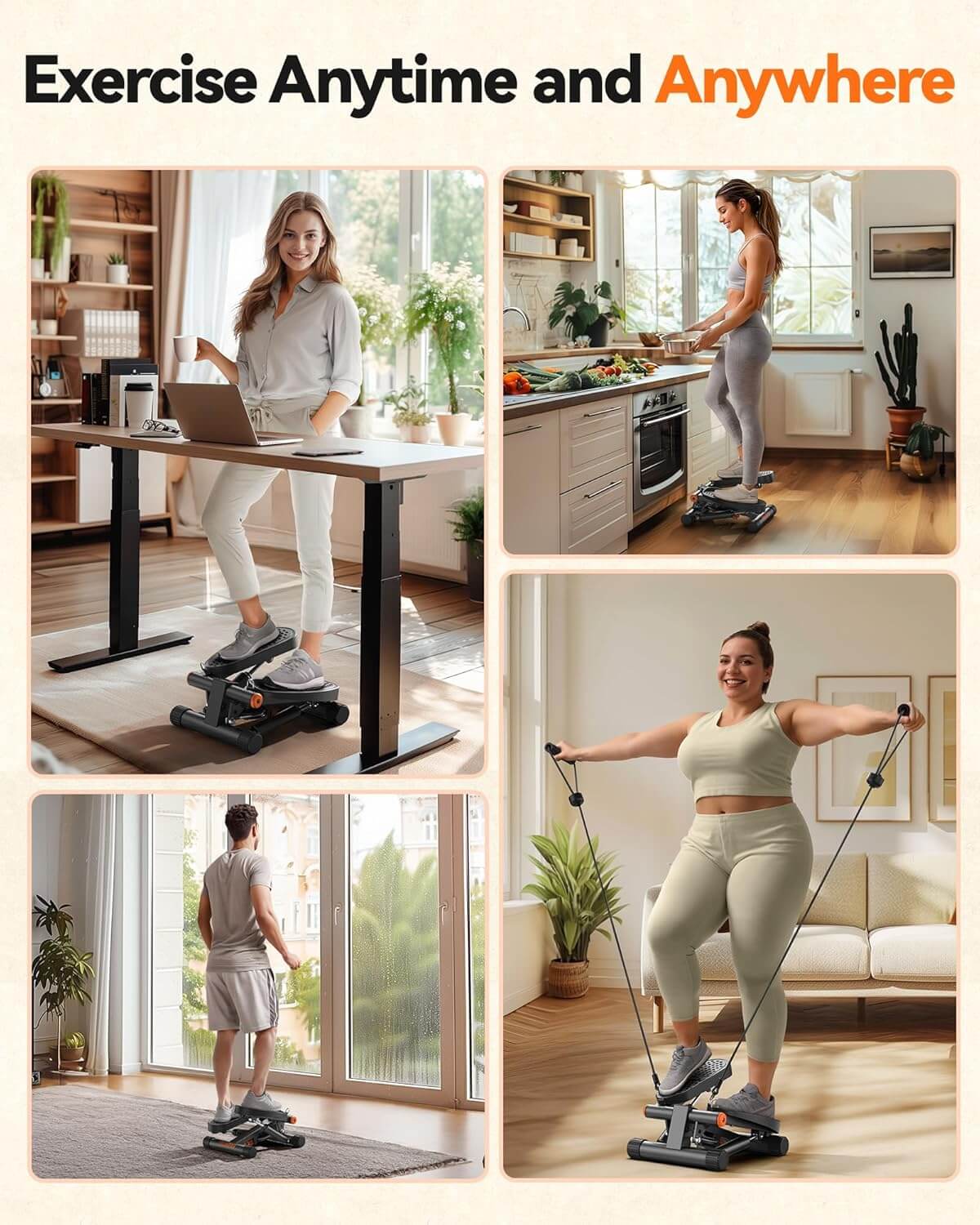 SKÖNHED StepForm – træd ind i styrke, træning i alle rum, med stepmaskine og modstandsbånd.