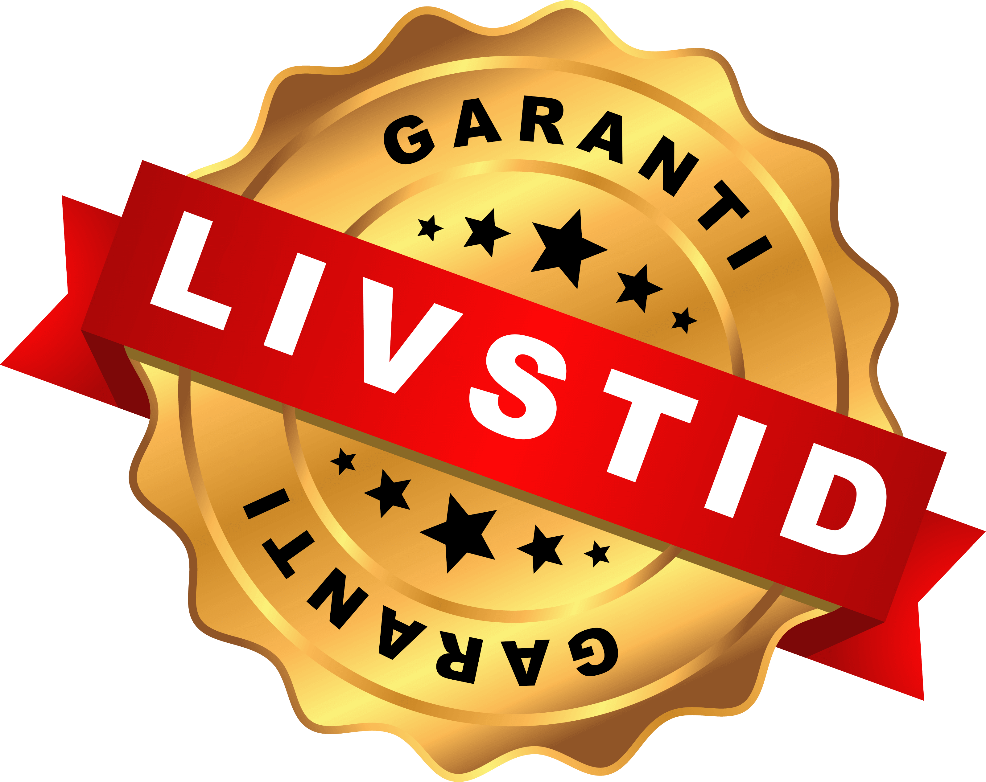 Livstidsgaranti segl med guldfarvet baggrund og rød bånd, symboliserer livstidsgaranti på produkter.