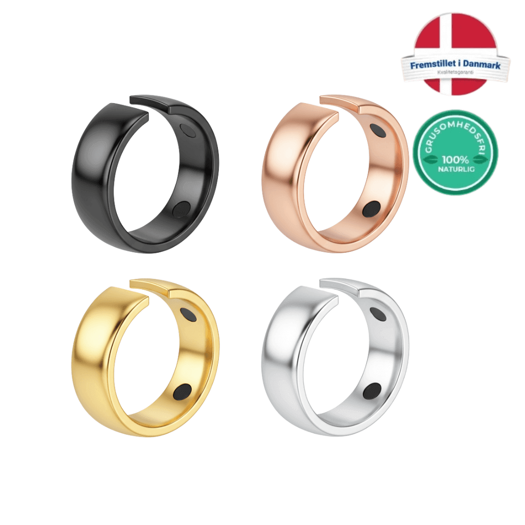 Afbalanceret ring i fire farver: sort, roseguld, guld og sølv, der understøtter velvære og balance.